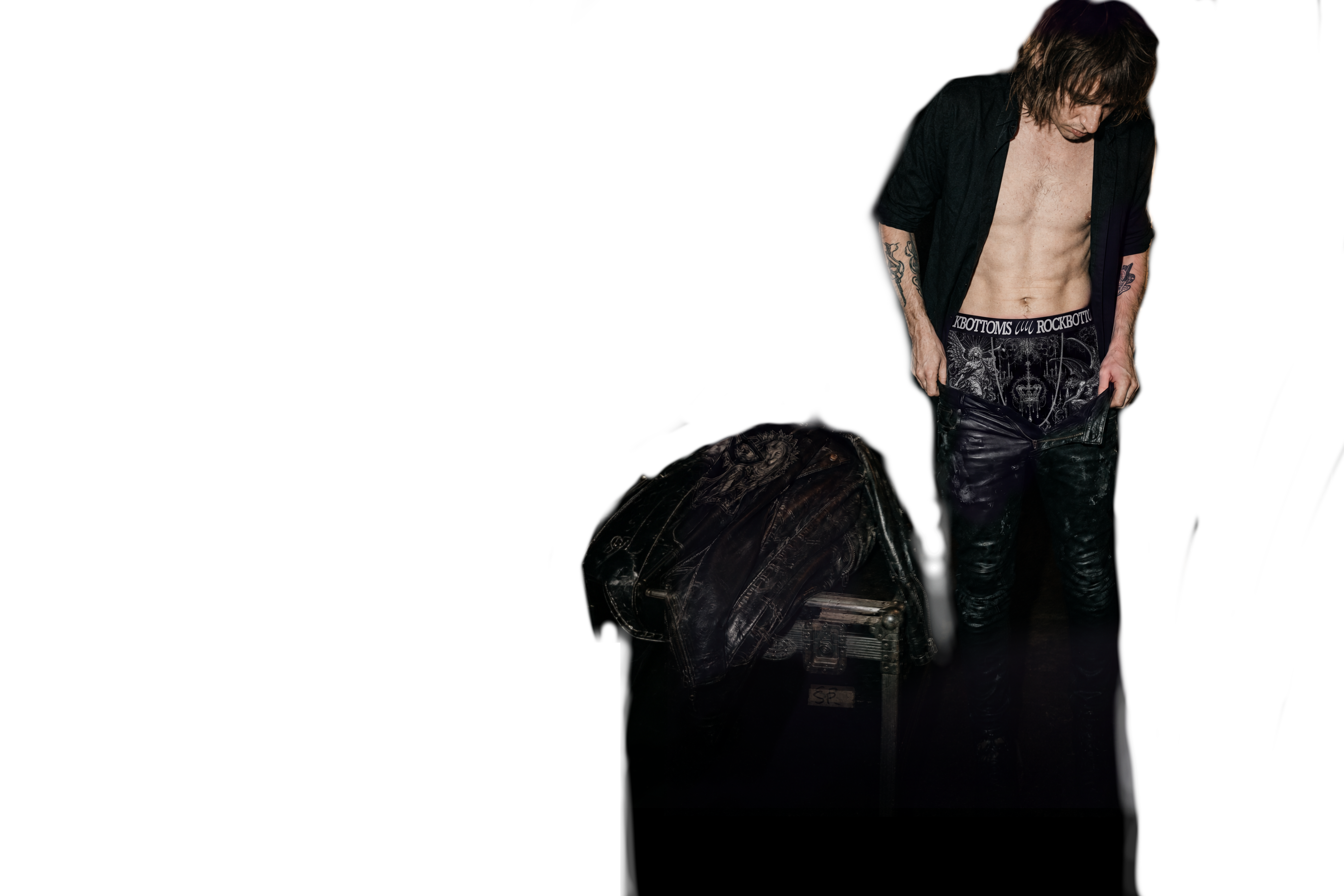 Man in an open black shirt and campaign underwear